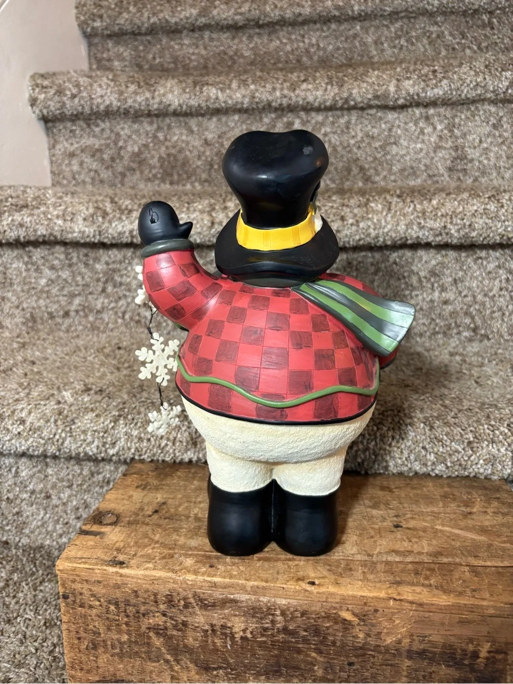 Festive Red Plaid Snowman Holiday Figurine with Green Scarf